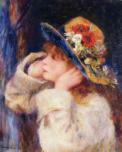 Young Girl In A Hat Decorated With Wildflowers Oil Painting by Pierre Auguste Renoir