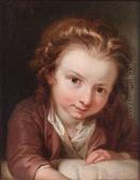 A Young Boy In A Mauve Coat And White Shirt, Leaning Over A Pillow Oil Painting by Philippe Mercier