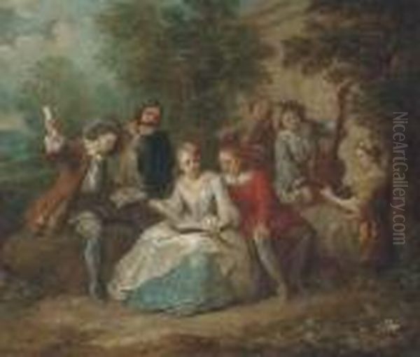 Elegant Company Playing Music In A Garden Oil Painting by Philippe Mercier