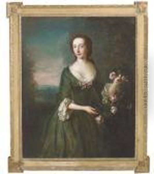 Portrait Of Mrs. Hamilton Gordon
 Of Newhailes, Three-quarterlength, In A Green Dress With White Fichu In
 A Landscape Oil Painting by Philippe Mercier