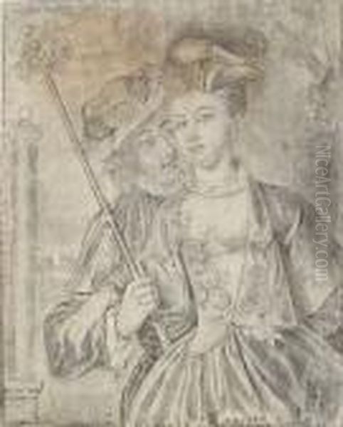 A Young Man Dressed As A Pilgrim
 To St. James Of Compostella Withan Elegantly Dressed Woman Oil Painting by Philippe Mercier