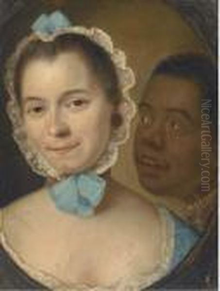 Portrait Of A Lady, Bust-length,
 In A Blue Lace-trimed Dress Andcap, With A Servant, Feigned Oval Oil Painting by Philippe Mercier