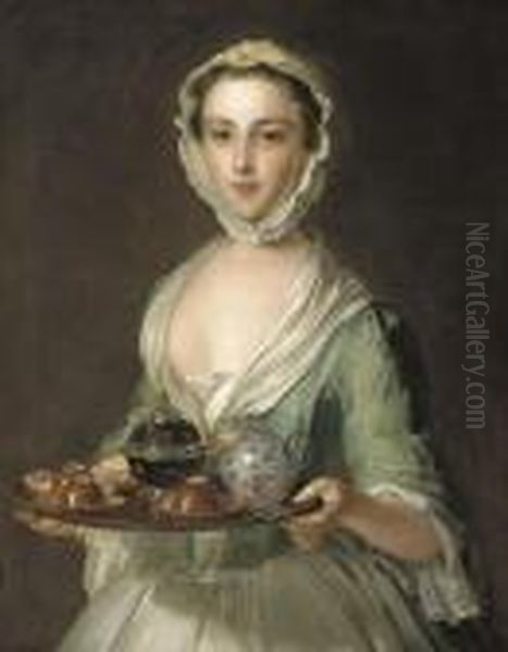 Portrait Of A Young Woman, Possibly Hannah, The Artist's Maid, Holding A Tea Tray Oil Painting by Philippe Mercier