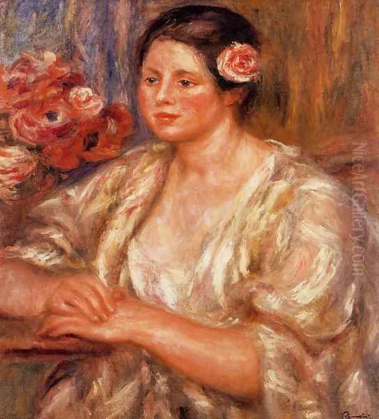 Madelaine In A White Blouse And A Bouquet Of Flowers Oil Painting by Pierre Auguste Renoir