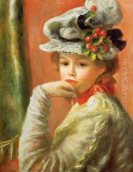 Young Girl In A White Hat Aka Woman Leaning On Her Hand Oil Painting by Pierre Auguste Renoir