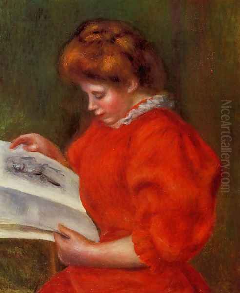 Young Woman Looking At A Print Oil Painting by Pierre Auguste Renoir