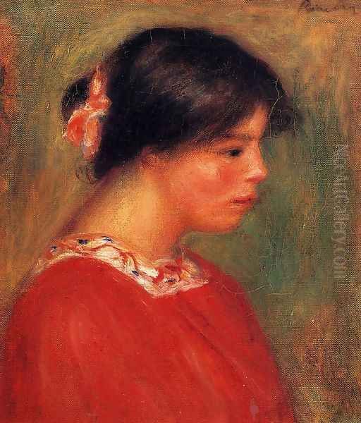 Head Of A Woman In Red Oil Painting by Pierre Auguste Renoir