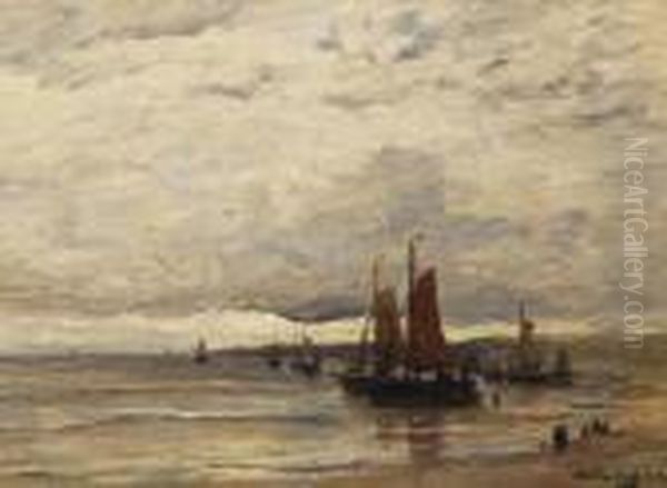 Moored Vessels On The Beach Oil Painting by Hendrik Willem Mesdag