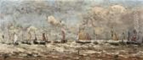 Vissersvloot In De Branding Oil Painting by Hendrik Willem Mesdag