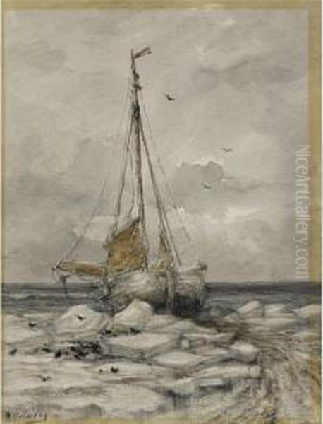 A Sailing Vessel On Ice Flows Oil Painting by Hendrik Willem Mesdag