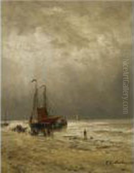 Bomschuiten At Anchor With Fisherfolk On The Beach Oil Painting by Hendrik Willem Mesdag