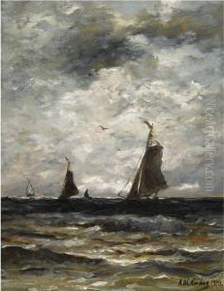 Fishing Vessels At Sea Oil Painting by Hendrik Willem Mesdag