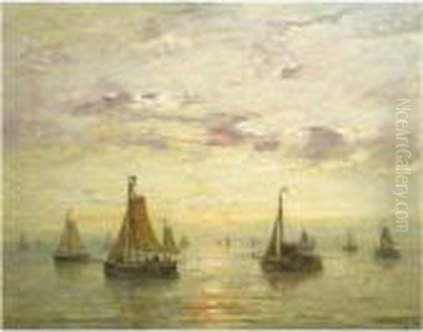 Sailing Vessels In A Calm Oil Painting by Hendrik Willem Mesdag