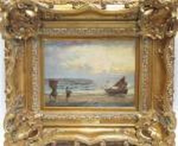 Seascape With Fishing Boat And Fish Mongers Oil Painting by Hendrik Willem Mesdag