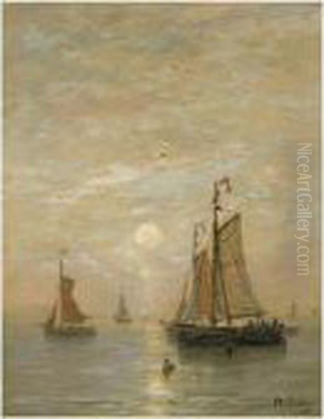 Anchored Bomschuiten At Sunset Oil Painting by Hendrik Willem Mesdag