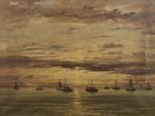 Soleil Couchant Sur Les Bateaux De Peche Oil Painting by Hendrik Willem Mesdag