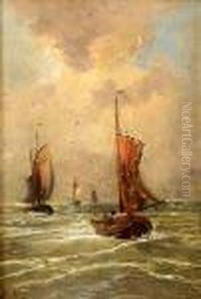 Fischerkahne In Bewegter See Unter Bedecktem Wolkenhimmel Oil Painting by Hendrik Willem Mesdag