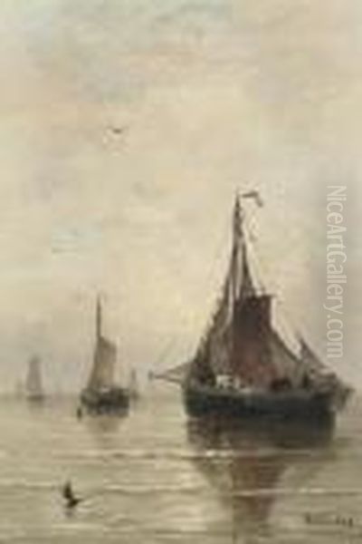 Bomschuiten On A Calm Sea Oil Painting by Hendrik Willem Mesdag