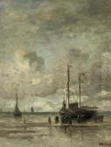 Bomschuiten On The Beach: Unloading The Day's Catch Oil Painting by Hendrik Willem Mesdag