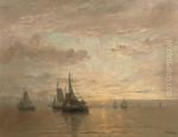 Ondergaande Zon: On A Calm At Sunset Oil Painting by Hendrik Willem Mesdag