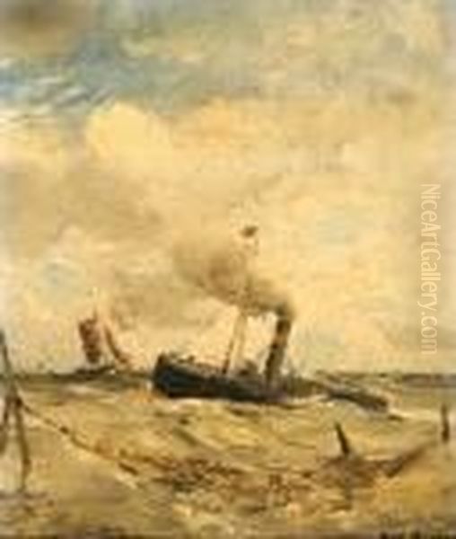 Onstuimige Zee Met Stoomschuit, 
Op De Achtergrond Een Vissersboot En Op De Voorgrond Een Visnet Oil Painting by Hendrik Willem Mesdag