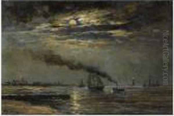 A Three-master Entering Scheveningen Harbour At Moonlight Oil Painting by Hendrik Willem Mesdag