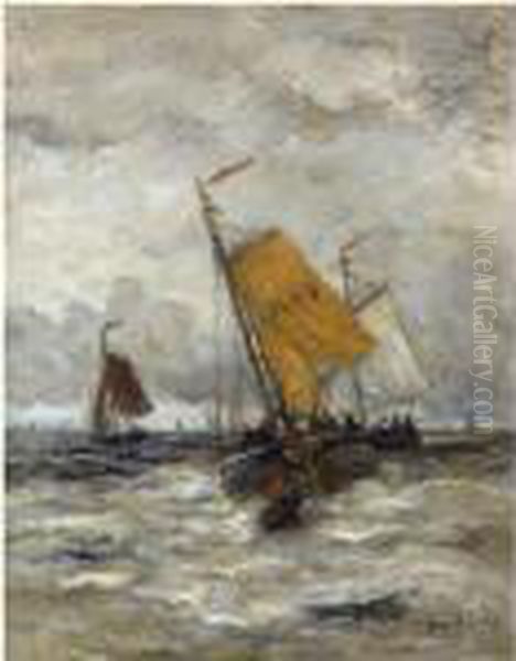 Fishing Boats On A Stormy Sea Oil Painting by Hendrik Willem Mesdag