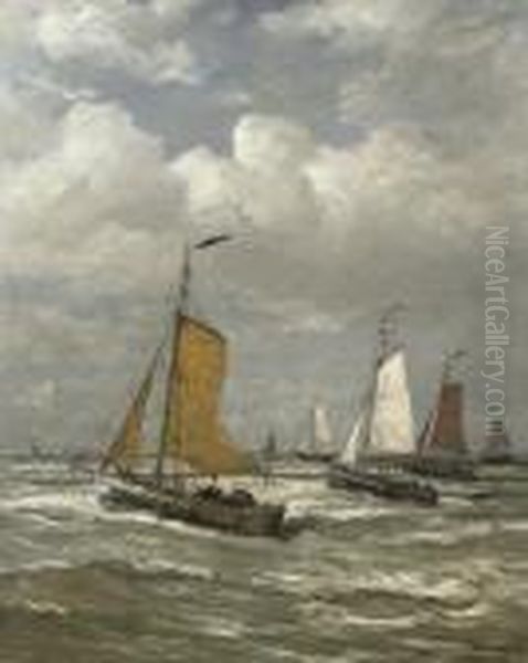 Het Uitvaren Der Scheveningsche Loggers: Setting Out To Sea Oil Painting by Hendrik Willem Mesdag