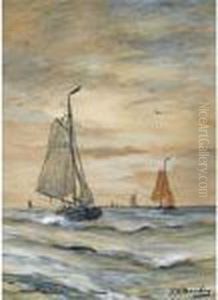 Bomschuiten At Sea Oil Painting by Hendrik Willem Mesdag