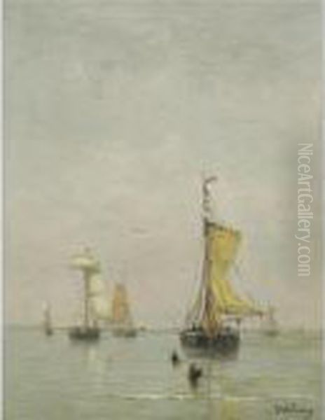 Fishing Boats Off The Coast In Calm Weather Oil Painting by Hendrik Willem Mesdag