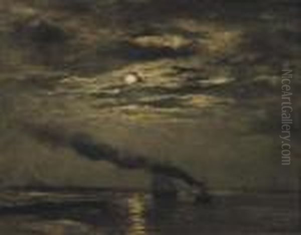 Maaneffect: Entering The Harbour By Moonlight Oil Painting by Hendrik Willem Mesdag