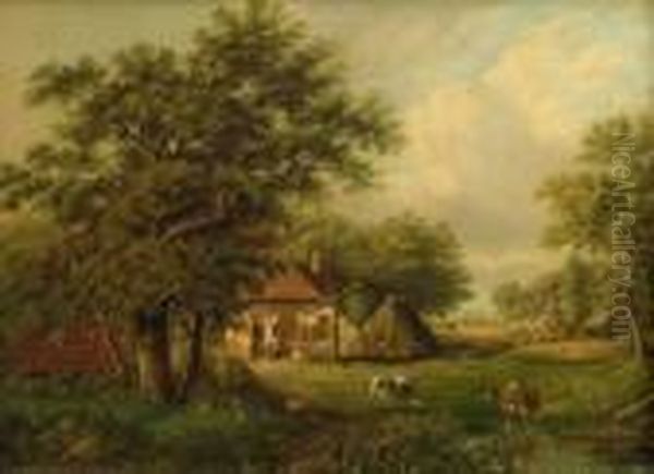 Landscapewith Farm And Cattle Oil Painting by Hendrik Willem Mesdag