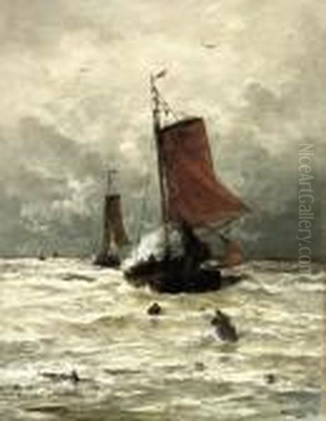 In Danger: Scheveninger Bomschuiten In The Surf Oil Painting by Hendrik Willem Mesdag