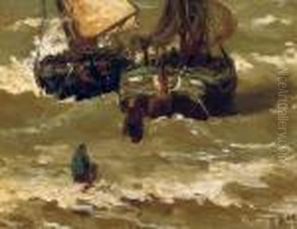 Bomschuiten In The Surf Oil Painting by Hendrik Willem Mesdag