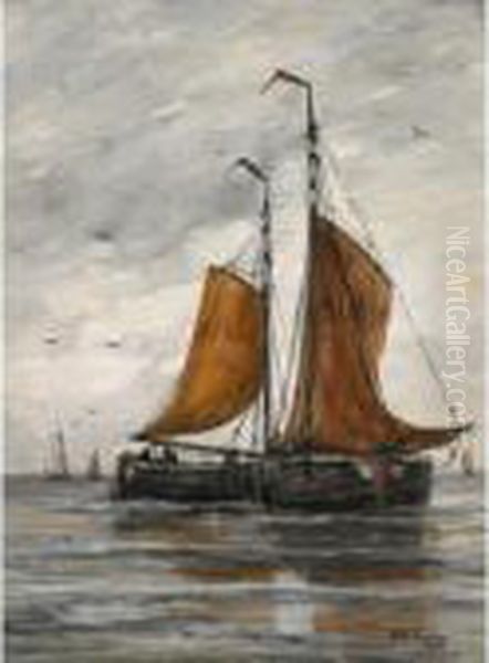 Bomschuiten On A Calm Sea Oil Painting by Hendrik Willem Mesdag