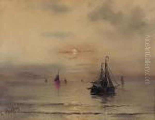 Abendliche Kustenpartie Mit Segelschiffen. Oil Painting by Hendrik Willem Mesdag