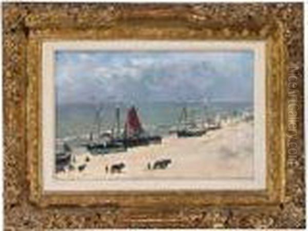 Bomschuiten On The Beach Oil Painting by Hendrik Willem Mesdag