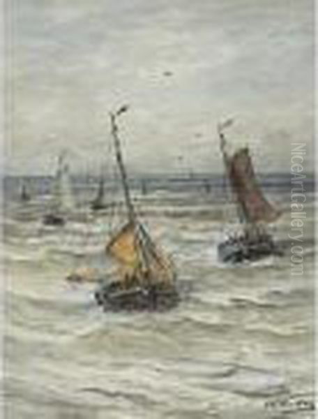 Sailboats On A Choppy Sea Oil Painting by Hendrik Willem Mesdag