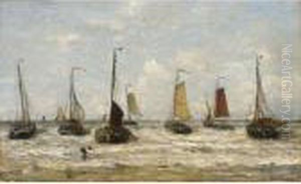 Bomschuiten In The Breakers Oil Painting by Hendrik Willem Mesdag