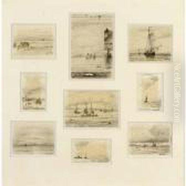 Nine Drawings In One Frame Oil Painting by Hendrik Willem Mesdag