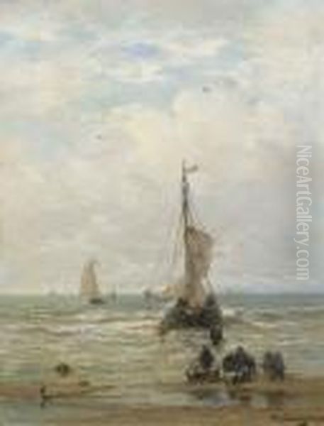 Unloading The Catch In The Surf Oil Painting by Hendrik Willem Mesdag