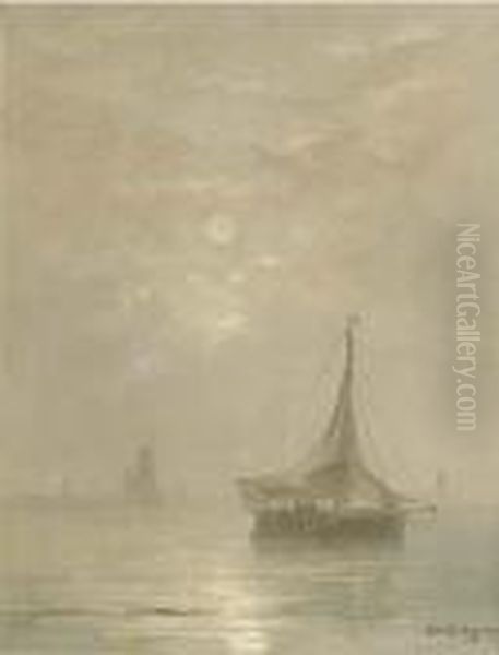 A Calm: Bomschuiten At Sea On A Hazy Afternoon Oil Painting by Hendrik Willem Mesdag