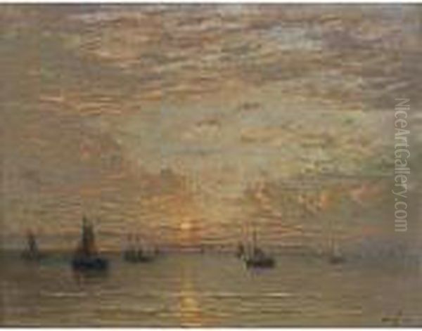 Bomschuiten On A Calm Sea Oil Painting by Hendrik Willem Mesdag