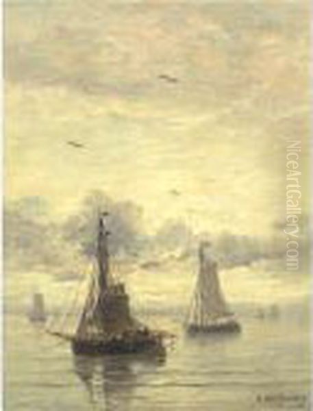 Evening Anchorage Oil Painting by Hendrik Willem Mesdag