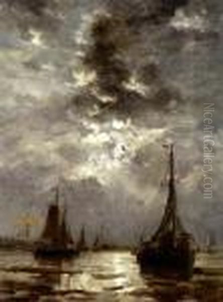 Beached Bomschuiten By Moonlight Oil Painting by Hendrik Willem Mesdag