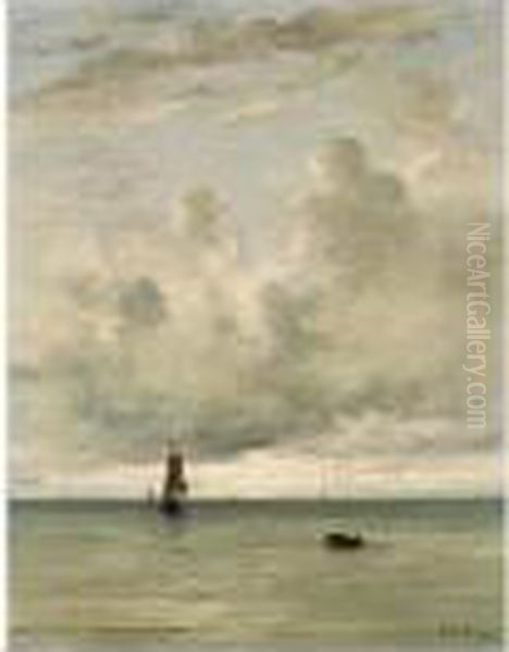 Fishing Boats In A Calm Oil Painting by Hendrik Willem Mesdag