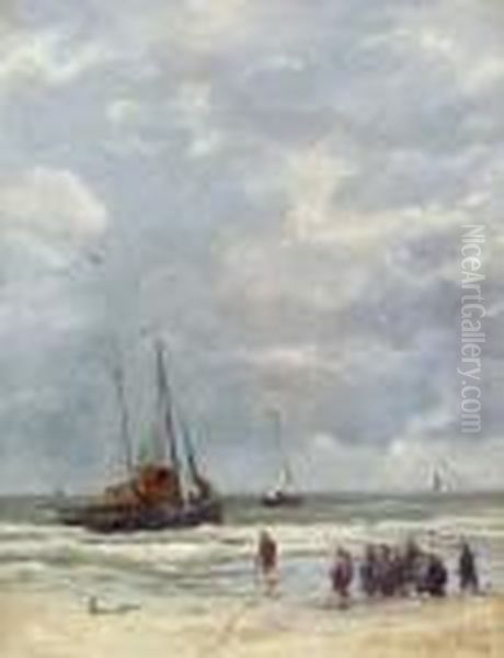 Kustenpartie Mit Fischerfrauen Und Schiffen. Oil Painting by Hendrik Willem Mesdag