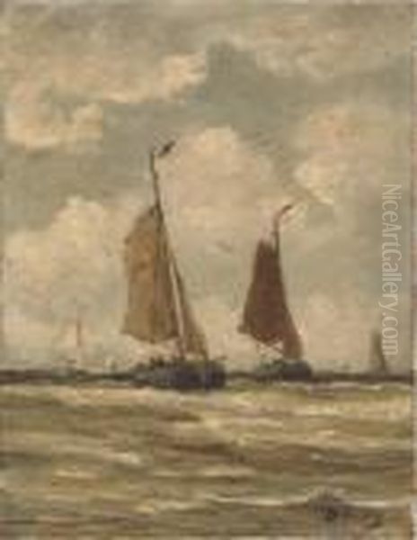 Bomschuiten At Sea, Scheveningen Oil Painting by Hendrik Willem Mesdag