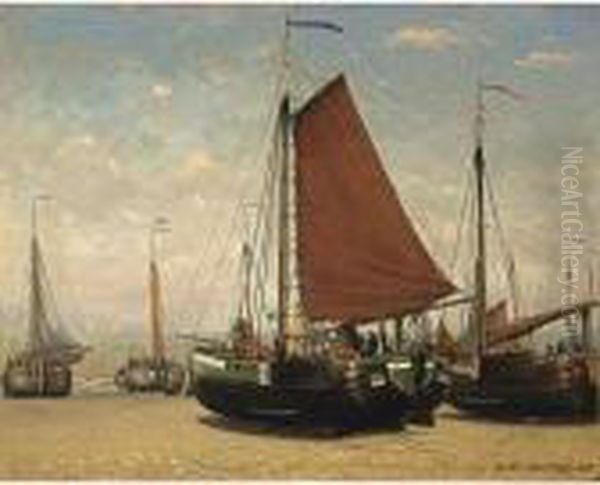 The Bomschuit Prinses Sophie On The Beach, Scheveningen Oil Painting by Hendrik Willem Mesdag