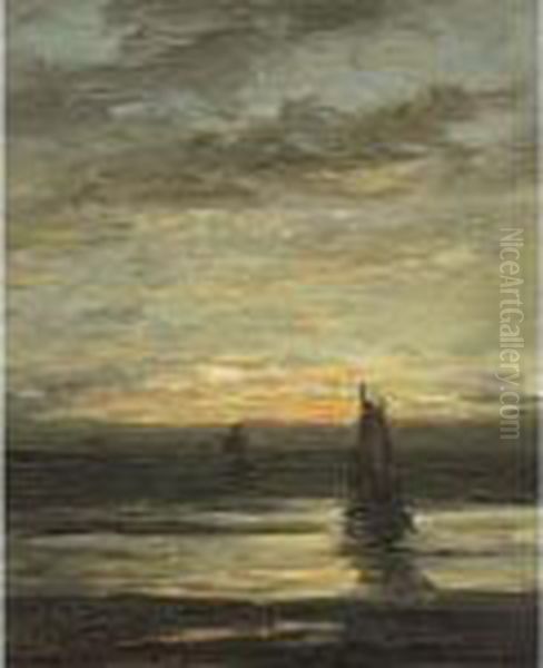 Fishing Boats At Dusk Oil Painting by Hendrik Willem Mesdag